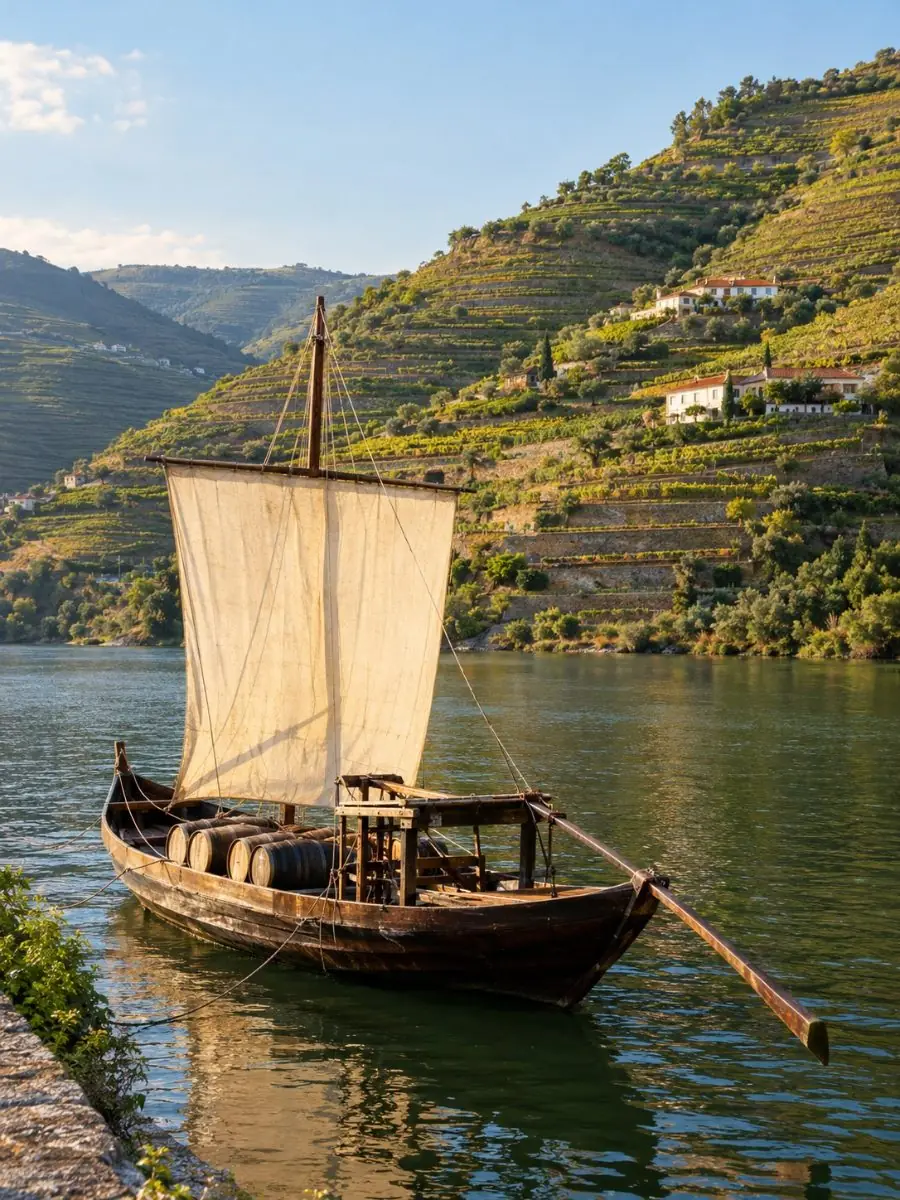 Un barco rabelo tradicional con una vela cuadrada amarrado en el Douro en Pinhão, bajo viñedos en terrazas